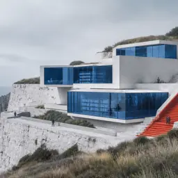 Original coastal library concept with cobalt glass and a vermilion stair