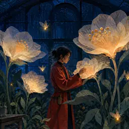 Cut-paper and gouache illustration of a night botanist in a greenhouse