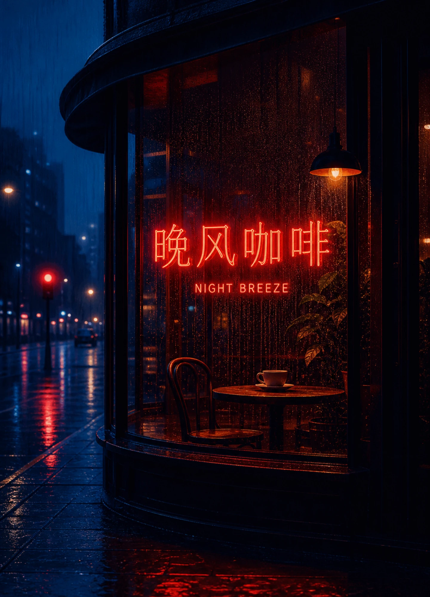 A rainy-night cafe campaign with clear Chinese and English display text