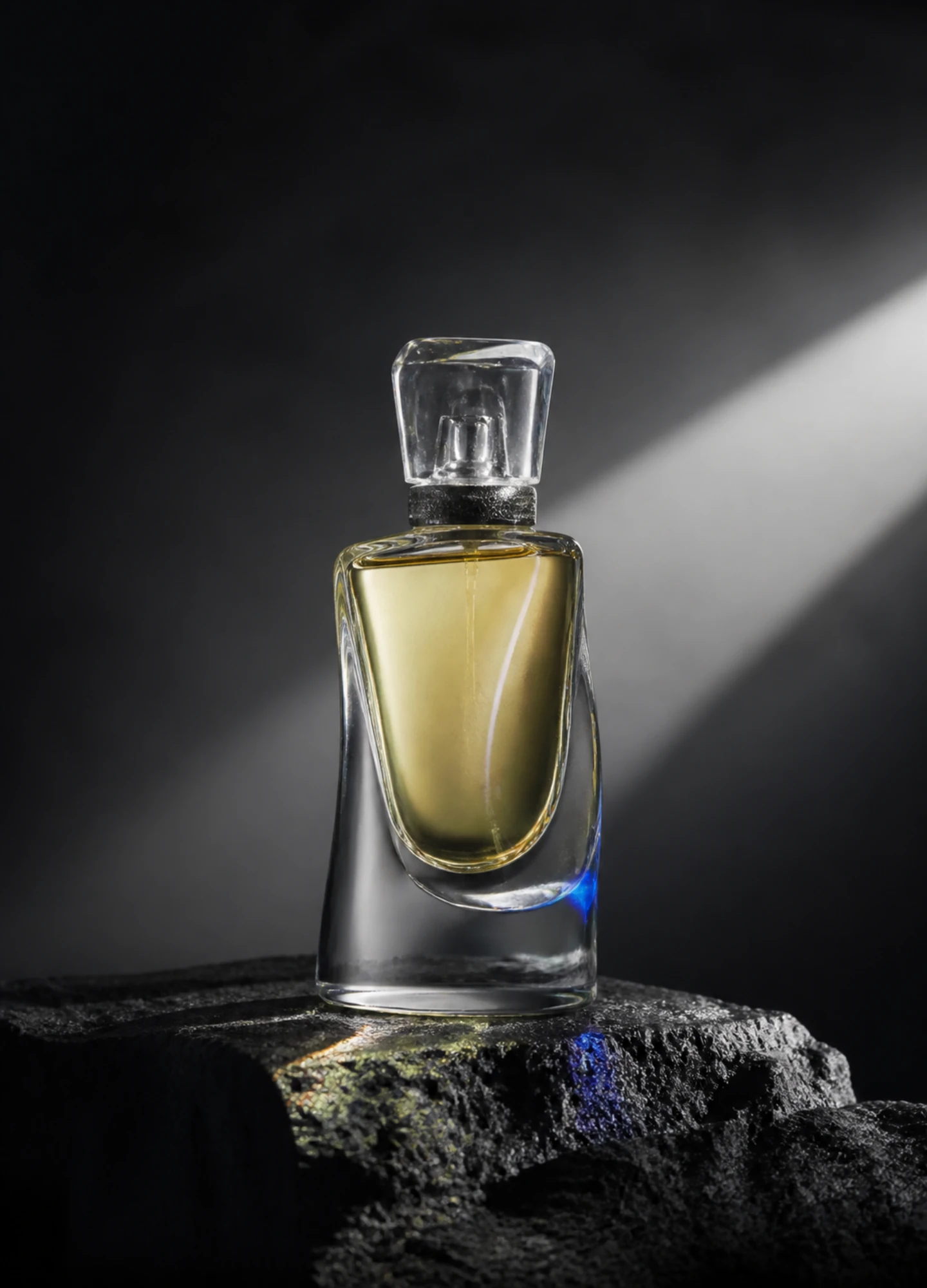 A luxury glass perfume still life with controlled reflections