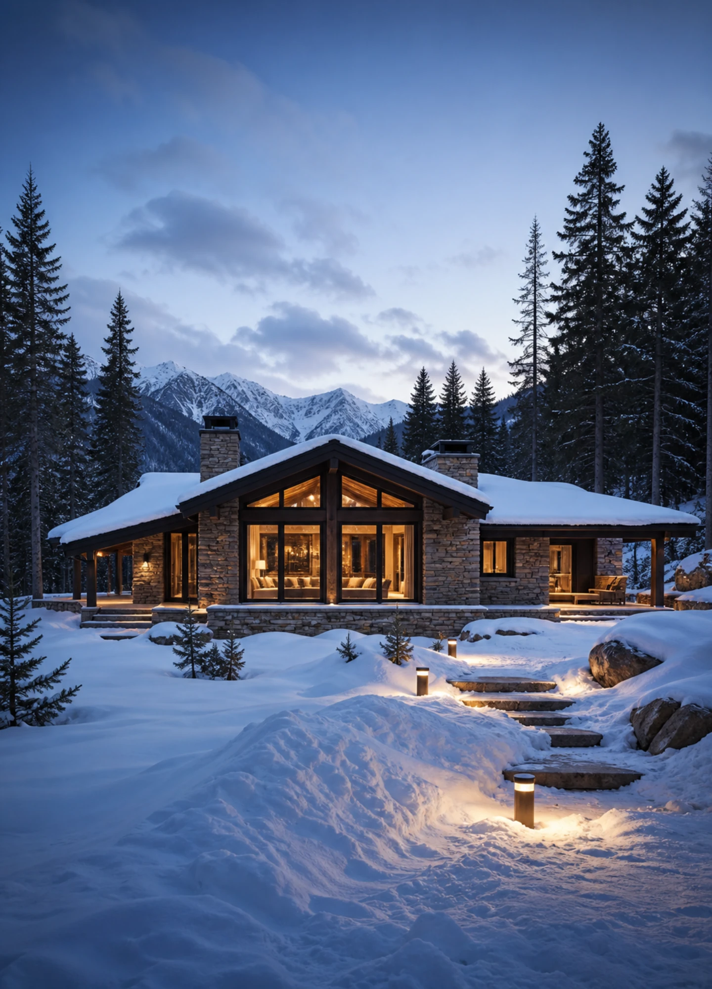 A modern alpine retreat framed by snow, stone, and warm interior light
