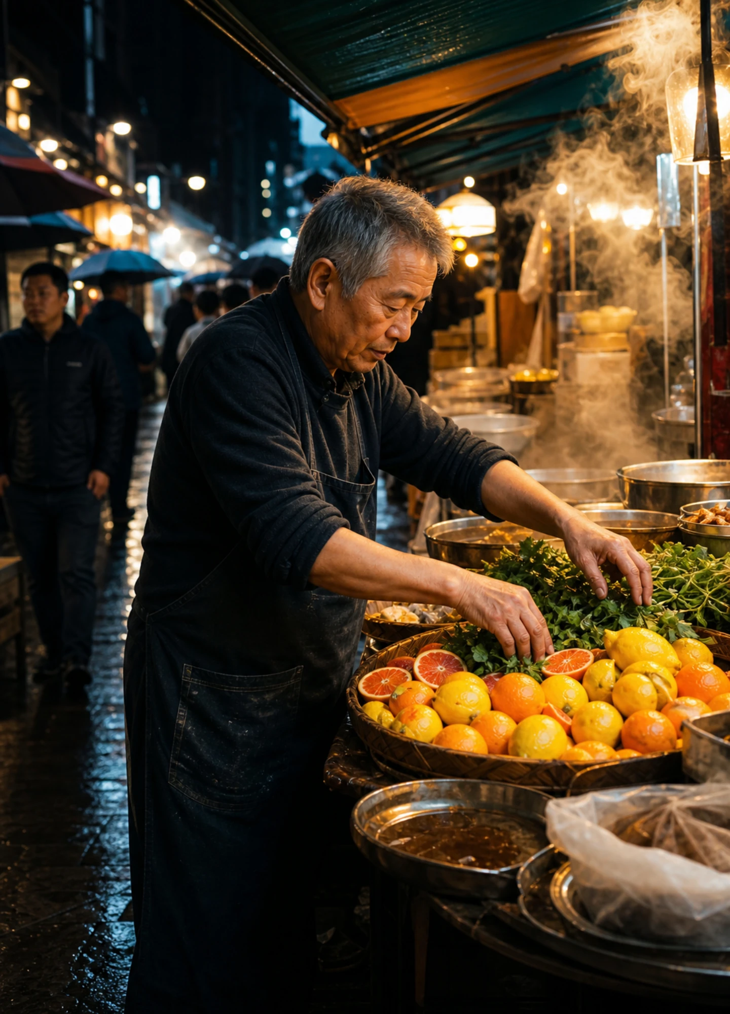 A documentary photograph of a lively night market after rain