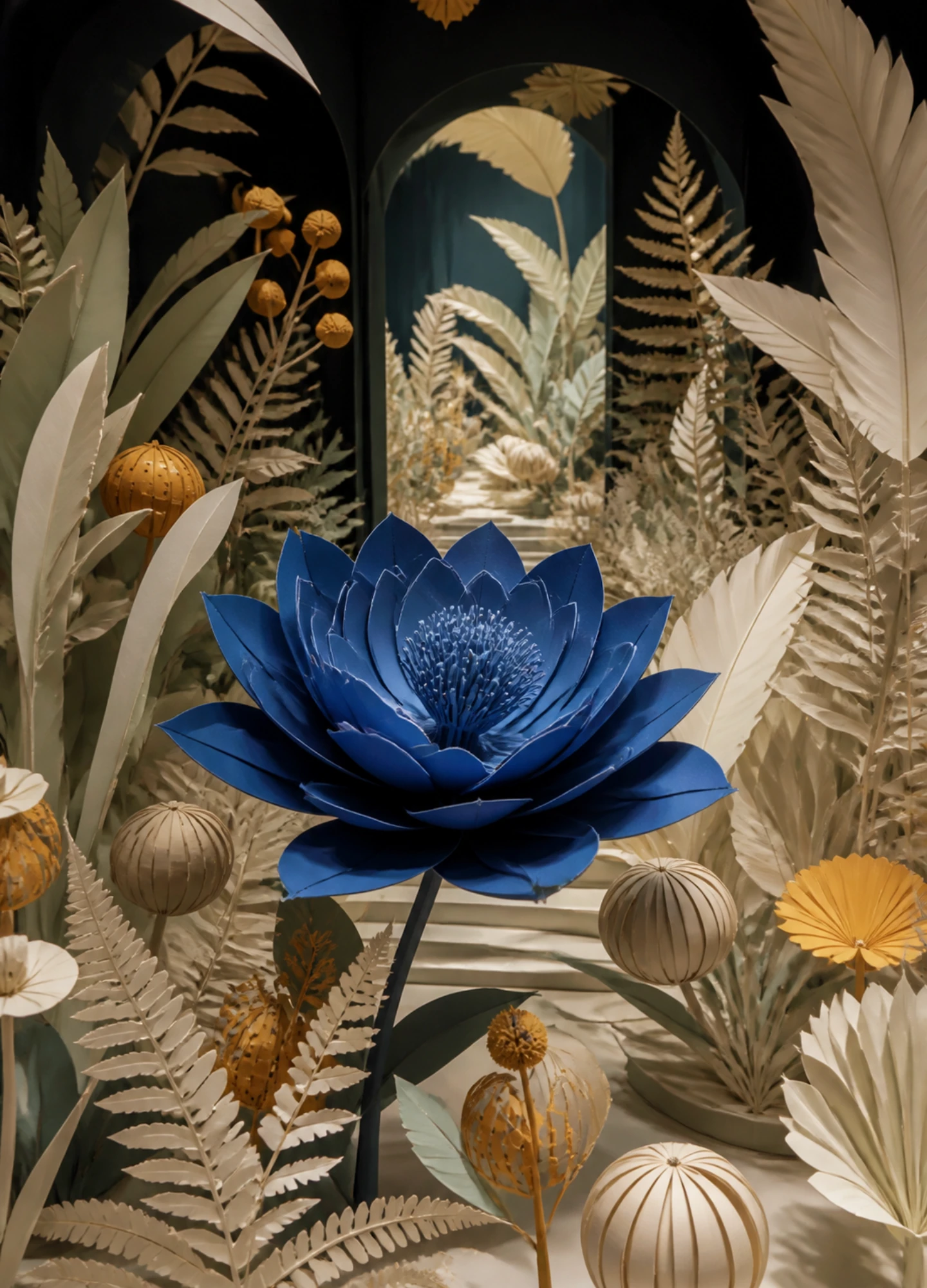 A surreal botanical garden built from layered cut paper