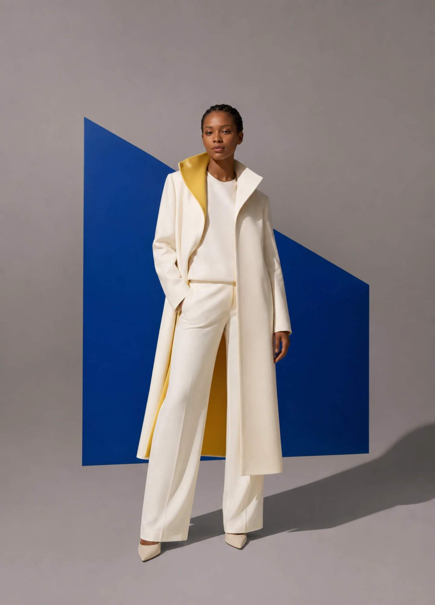 A minimal fashion editorial with a precise silhouette and bold color blocking