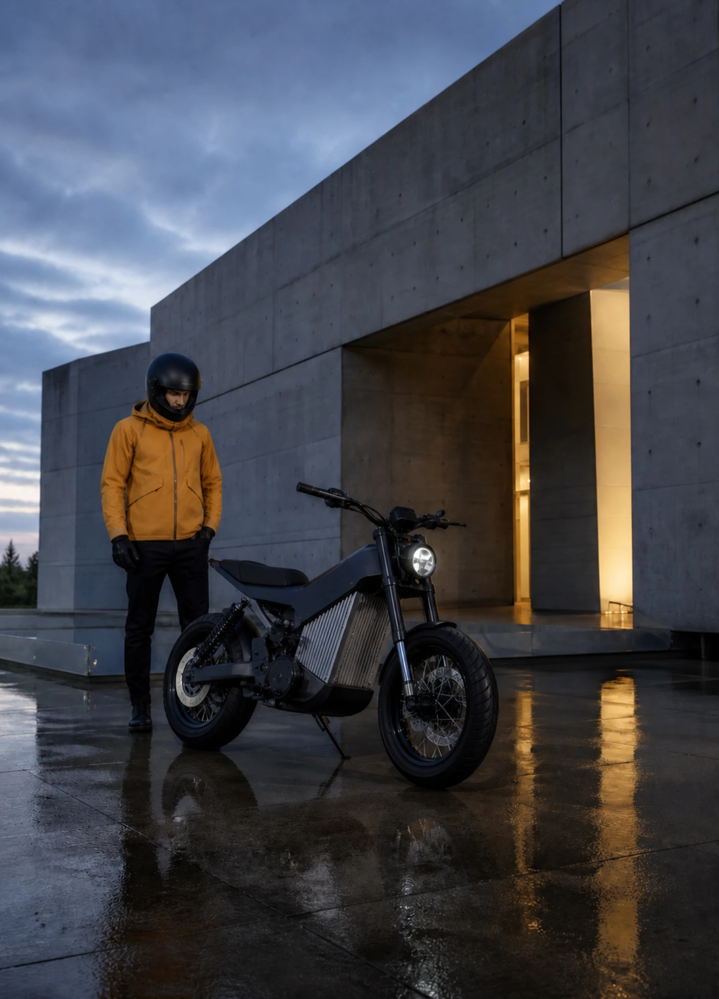 An electric motorcycle beside brutalist architecture at blue hour