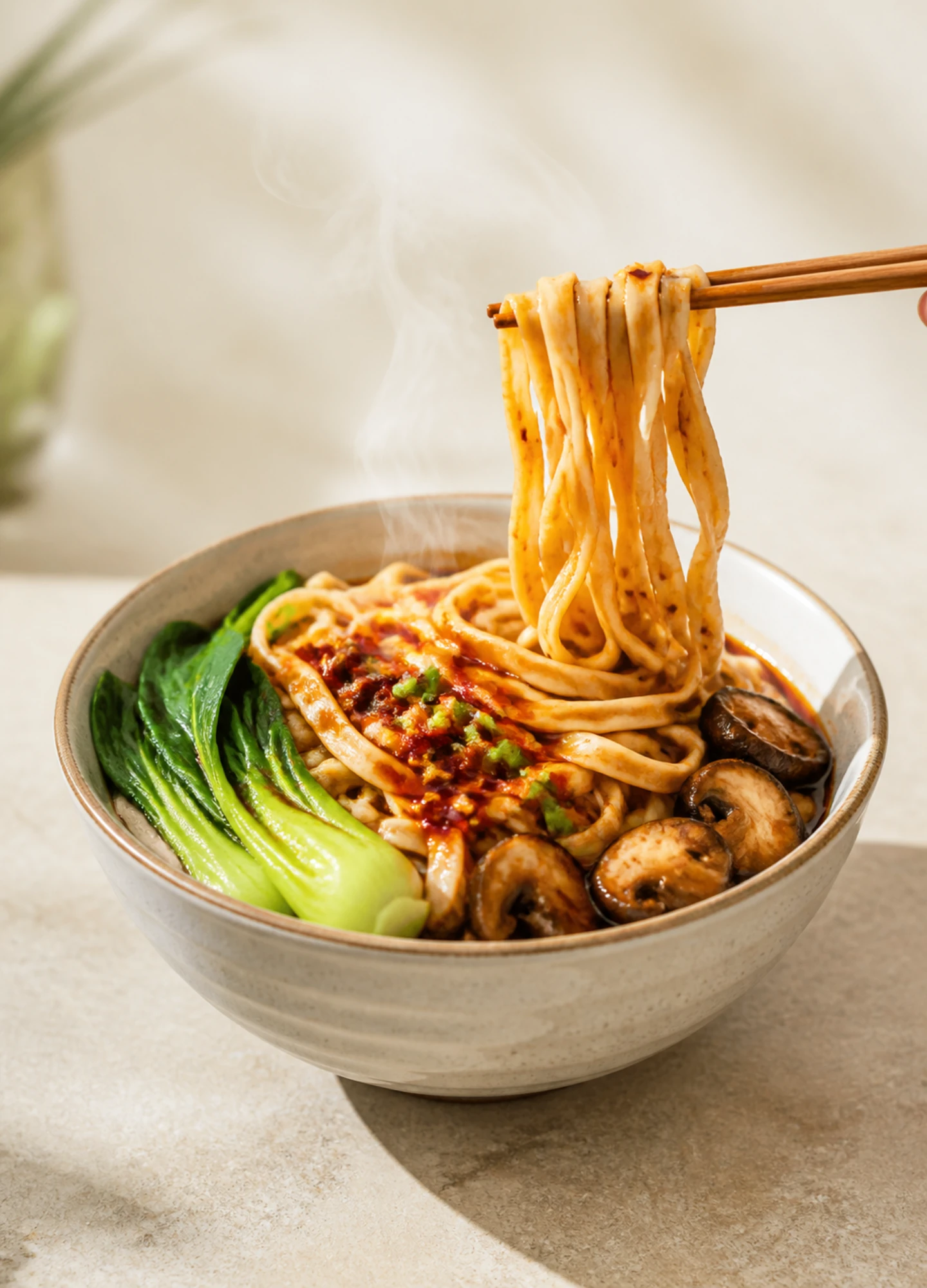 A bright commercial food photograph with crisp ingredients and natural steam