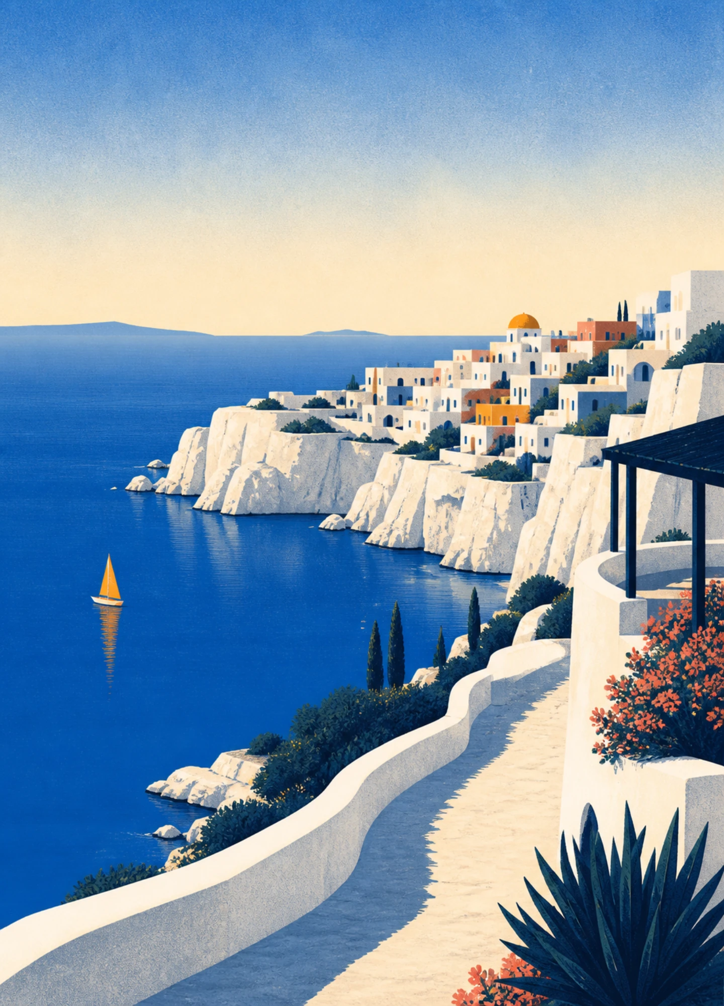 An illustrated coastal travel scene with geometric cliffs and sea