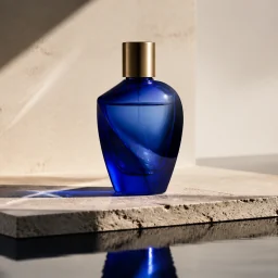 Unbranded sculptural audio product on reflective stone with cobalt glass and amber light