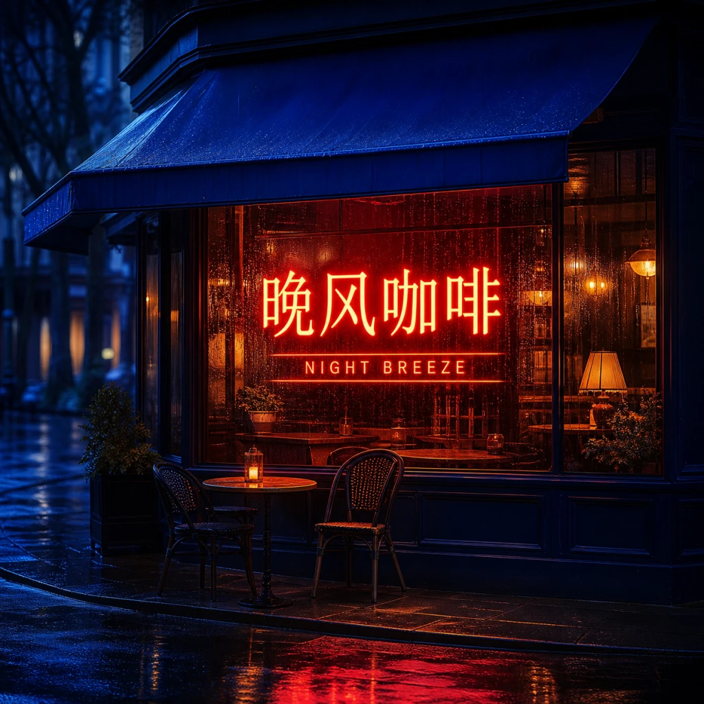 Bilingual night cafe poster displaying ‘晚风咖啡’ and ‘NIGHT BREEZE’ on a rainy street