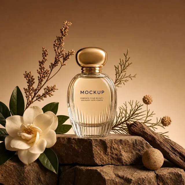 Floral product image of light-colored perfume